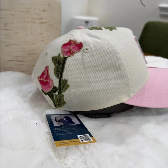 Floral Embroidered SnapBack Dodger Hat with Pink Brim - Picture 3 of 3
